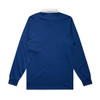 A navy rugby jersey with long sleeves and a white collar, featuring a logo on the back.