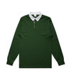 A dark green rugby jersey with a white collar and long sleeves. It features a small opening at the neck and has a logo.