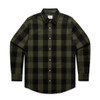 A button-up check shirt featuring a black and olive green plaid pattern, with a collar and two chest pockets.