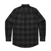 A black and grey check shirt featuring long sleeves and a button-up design, with a rear yoke detail and a logo.
