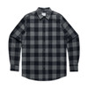 A button-up shirt in black and grey checkered pattern, featuring long sleeves and a collar. Logo present.
