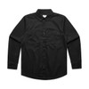 A black long-sleeve work shirt with two chest pockets and a collar, featuring a branded logo.
