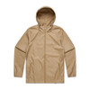 A tan rain jacket with a hood and two side pockets, featuring a logo.