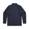 A navy work jacket with a collar, long sleeves, and buttoned cuffs, featuring a logo on the back.