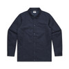A navy blue work jacket featuring a collar, button closure, and side pockets. It has a logo on the label.