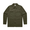 An olive green chore jacket featuring a collared neck and four front pockets. The jacket has a logo on the label.