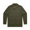 A back view of a dark olive green Chore Jacket with a collar and long sleeves. The jacket has a logo.