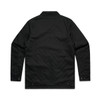 A black service jacket with long sleeves and a collar, featuring fasteners at the cuffs. It has a logo.