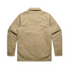 A tan service jacket with long sleeves and a collar, featuring buttons and a logo on the back.
