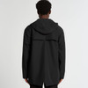 A black rain jacket featuring a hood and a back vent, with a branding logo on the garment.