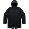 A black rain jacket with a hood, featuring pockets and a sleek design, includes a logo on the fabric.