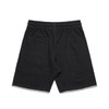 Black track shorts with an elastic waistband and a back pocket. Features a frayed hem style and a logo.