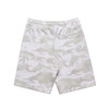 Light grey camo shorts with an elastic waistband and a back pocket, featuring a branding logo.