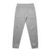 Grey track pants with an elastic waistband and cuffs, featuring a logo on one side.