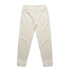 Cream-coloured track pants with an elastic waistband and cuffs, featuring a logo.