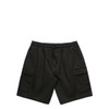 Cargo walk shorts in dark green with an elastic waistband, featuring side pockets and a brand logo.