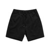 Black walk shorts with an elastic waist, drawstring, and side pockets. Features a logo on the garment.