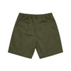Olive green walk shorts with an elastic waistband and two back pockets. Includes a logo.