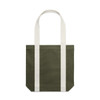 A two-tone tote bag featuring an olive green body and cream handles, with a logo on the side.