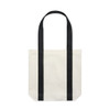A two-tone tote bag in cream with black straps. It features a logo on the front.