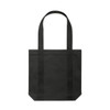 A black tote bag with long handles and a structured base, featuring a logo. Suitable for various uses.