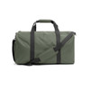 A green duffle bag with black straps and a detachable shoulder strap, featuring a logo.