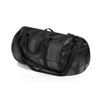 A black duffel bag with a geometric pattern, featuring both handles and a shoulder strap.
