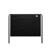 A black linen half apron with ties at the waist, featuring a small logo on one side.