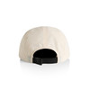 A cream-coloured nylon cap featuring a black adjustable strap and a logo on the back.