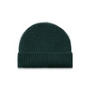 A dark green beanie with a ribbed texture and a folded cuff, featuring a logo.