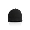 A black five-panel cap with a curved brim and an adjustable strap at the back, featuring a subtle logo.