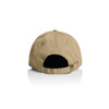 A tan five-panel cap featuring a rear adjustable strap and an interior lining, with a branding logo present.