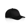 A black cap with a smooth finish, featuring a branded logo, angled to showcase the front and side view.