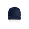 A navy blue cap with a structured design and a logo on the front.