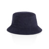 A navy terry bucket hat with a wide brim and soft texture, featuring a logo on the side.