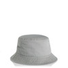 A faded grey bucket hat with a circular brim and a simple design. It features a logo on the side.