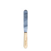 A stainless steel palette knife with a wooden handle. The handle has a logo.