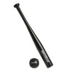 A black mini baseball bat with a textured grip and a matching black baseball, featuring a logo.