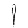 A black lanyard featuring a logo, designed for events and exhibitions, with a clip for attaching items.