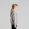 A grey sweater for kids, featuring a crew neck and long sleeves, displayed on a child from the side.
