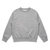 A grey crew neck jumper with long sleeves and ribbed cuffs, featuring a logo.