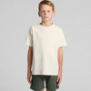 A neutral cream youth T-shirt with short sleeves, paired with dark green shorts. The shirt features a logo.