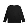 A black long-sleeve t-shirt featuring a simple design and a logo on the back.