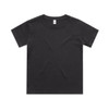 A dark grey kids' T-shirt featuring a classic crew neckline and short sleeves. It has a logo on the label.