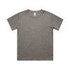 A faded grey youth t-shirt with a crew neck and short sleeves, featuring a branding label.