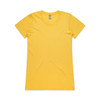 A yellow T-shirt with a round neckline, featuring short sleeves and a simple design, including a logo.
