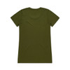 An olive green T-shirt featuring a simple design and a subtle logo at the back.
