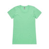 A mint green T-shirt with a round neckline and short sleeves. It features a branding label.