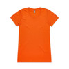 An orange women's t-shirt with a round neckline and short sleeves, featuring a small logo.