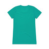 A teal T-shirt featuring a plain design on the back, with a logo at the neck.